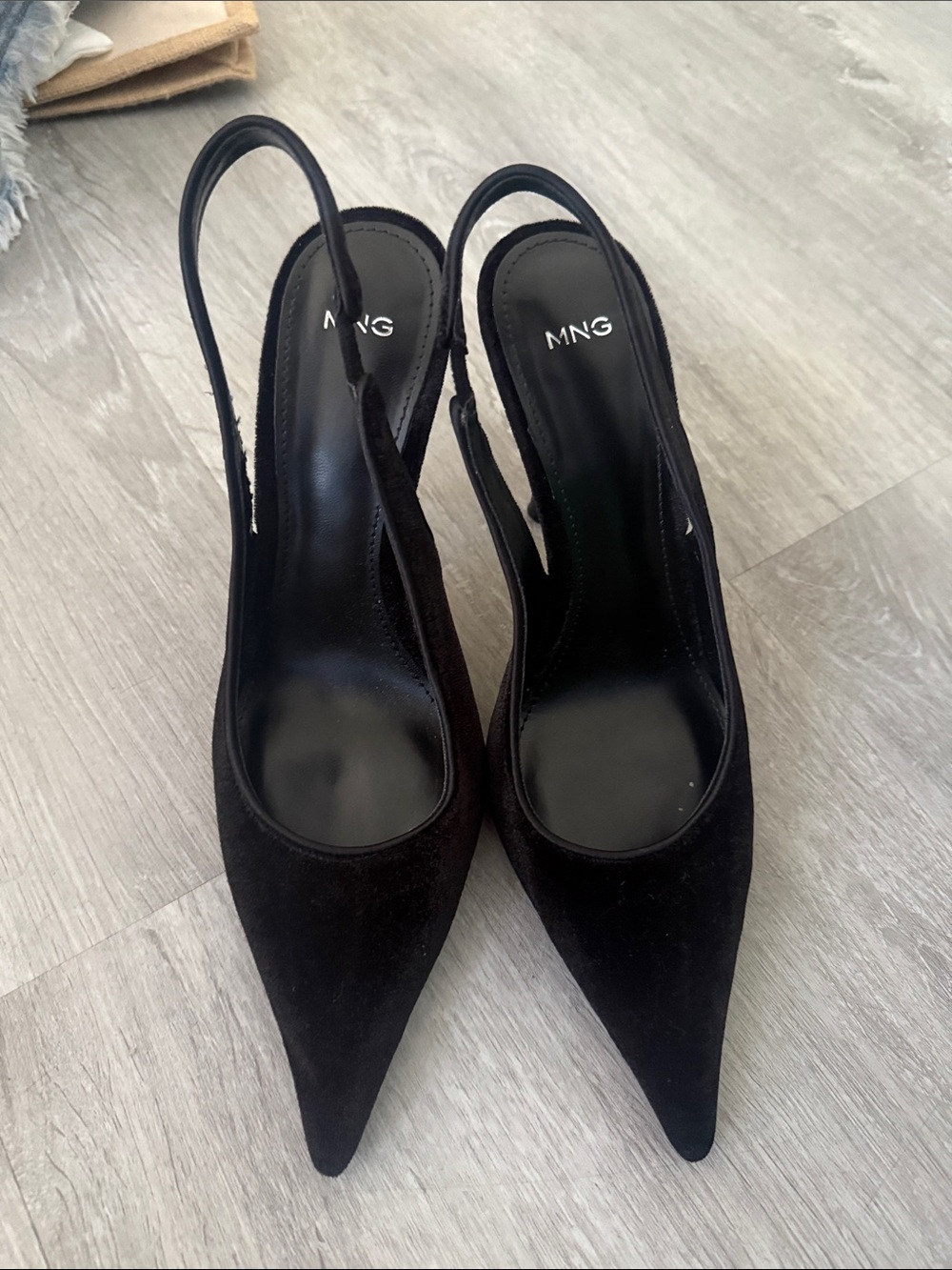 Mango Black Suede Pointed Slingback Heels